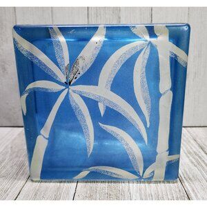 Vtg Blue Bamboo Coconut Jungle Beach Glass Block Vase Round Top MCM 5.5"x 5.5"